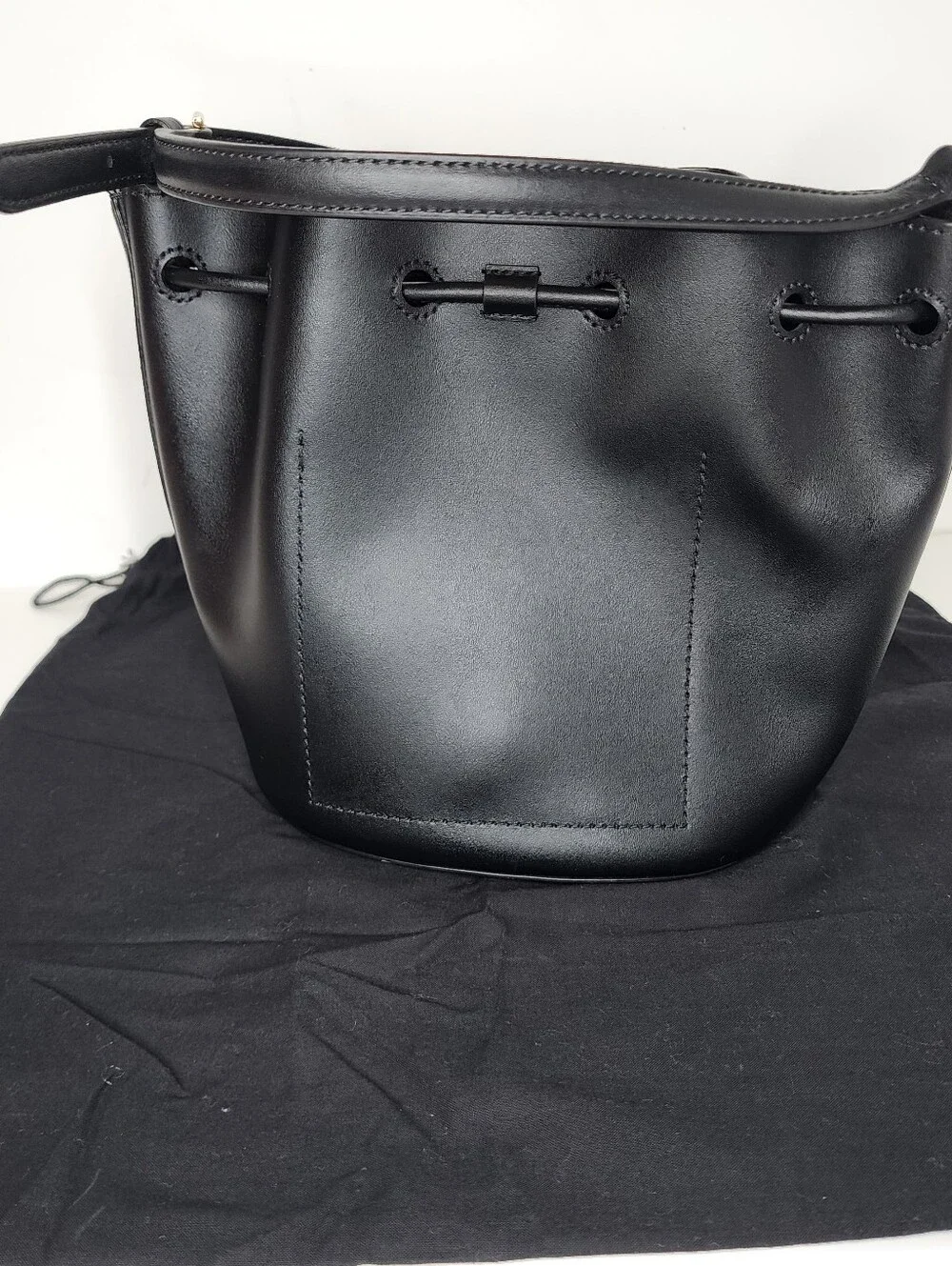 Ralph Lauren Black Leather Drawstring Crossbody Bucket Bag